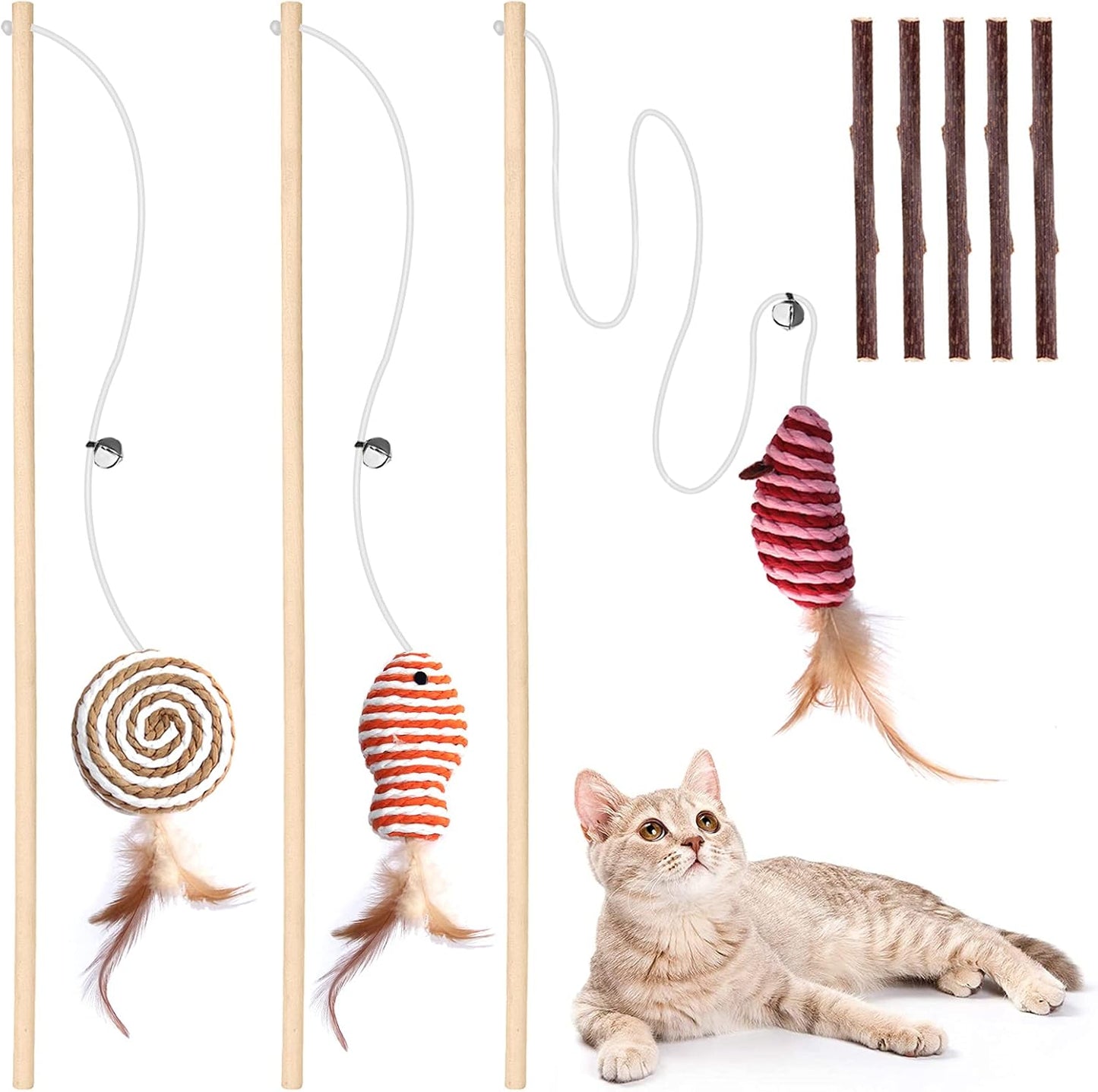 Natural Wood Cat Teaser Wand Toy, 3Pcs 16 Inch, Catnip Sticks for Teeth Cleaning, Indoor Cat Exerciser