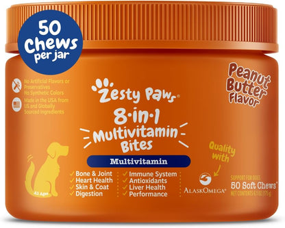 Dog Multivitamin, Chewable Dog Vitamins and Supplements for Hip & Joints, Skin & Coat, Omega 3 Fish Oil for Dogs- Senior & Puppy Multivitamin - Chicken Mini Bites- 90Ct