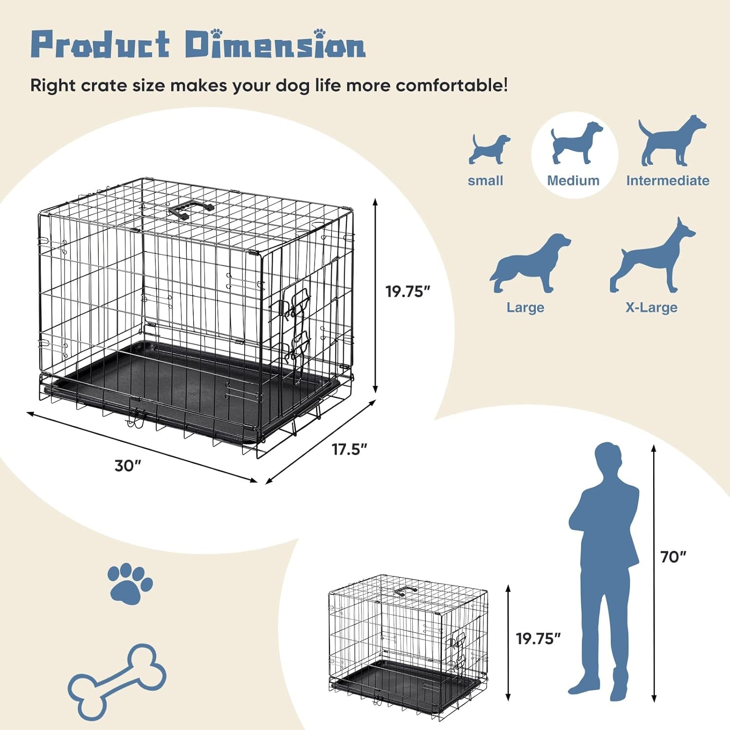 Dog Crate, 30 Inch Medium Single Door Dog Cage with Plastic Leak-Proof Pan Tray, Folding Metal Wire Pet Kennel for Indoor, Outdoor, Travel