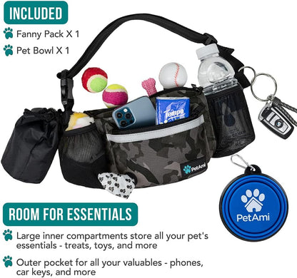 Dog Fanny Pack, Treat Pouch for Dog Walking, Training, Built in Poop Bag Dispenser, Water Bottle Holder, Collapsible Bowl, Pet Treat Waist Belt for Hiking, Running, Kibbles (Camo Black)