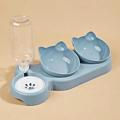Pet Bowls with Water Feeder, 3 in 1 Ear Design Tilted Cat Water and Food Bowl