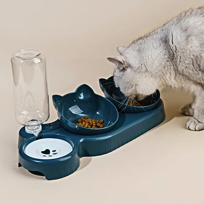 Pet Bowls with Water Feeder, 3 in 1 Ear Design Tilted Cat Water and Food Bowl