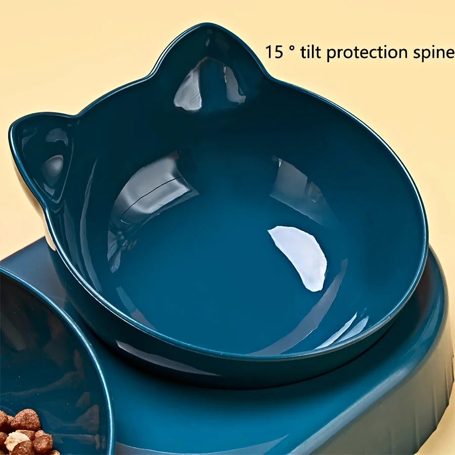 Pet Bowls with Water Feeder, 3 in 1 Ear Design Tilted Cat Water and Food Bowl