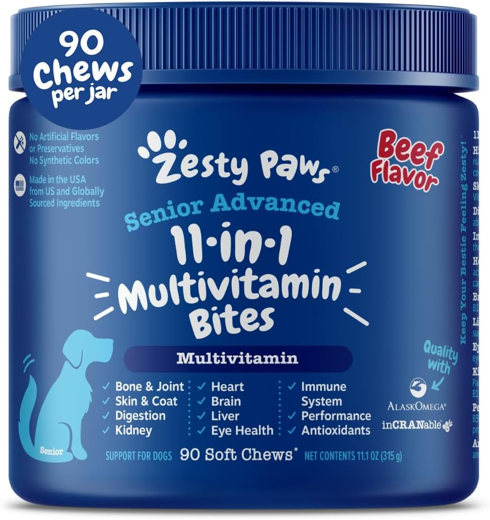 Dog Multivitamin, Chewable Dog Vitamins and Supplements for Hip & Joints, Skin & Coat, Omega 3 Fish Oil for Dogs- Senior & Puppy Multivitamin - Chicken Mini Bites- 90Ct