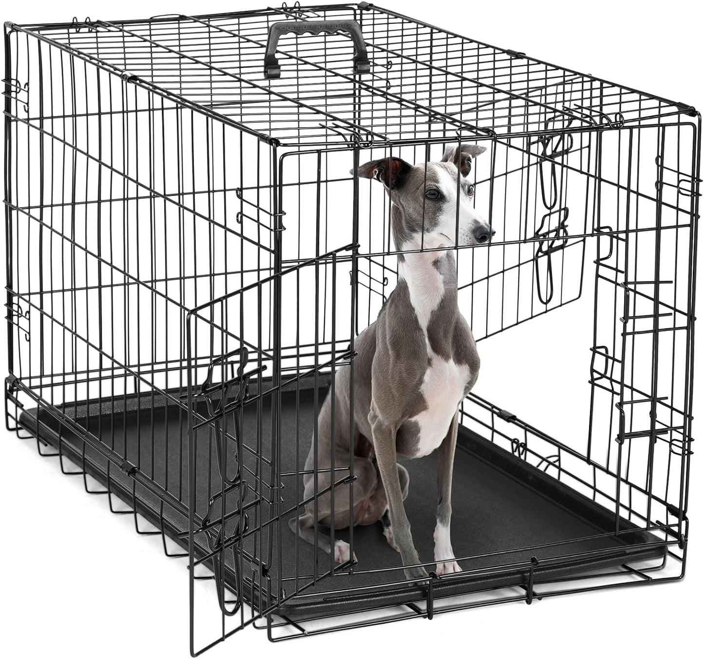 Dog Crate, 30 Inch Medium Single Door Dog Cage with Plastic Leak-Proof Pan Tray, Folding Metal Wire Pet Kennel for Indoor, Outdoor, Travel