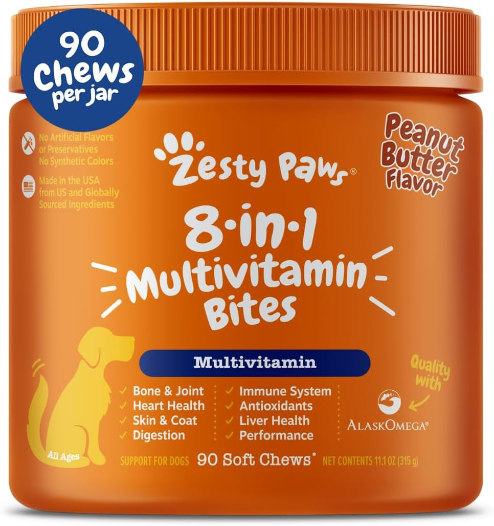 Dog Multivitamin, Chewable Dog Vitamins and Supplements for Hip & Joints, Skin & Coat, Omega 3 Fish Oil for Dogs- Senior & Puppy Multivitamin - Chicken Mini Bites- 90Ct