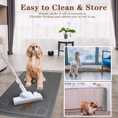 Dog Food Mat Waterproof, 35”X 24”, Pet Mat for Food and Water Bowl, Cat Bowl Mat for Floor, Grey