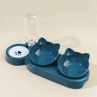 Pet Bowls with Water Feeder, 3 in 1 Ear Design Tilted Cat Water and Food Bowl