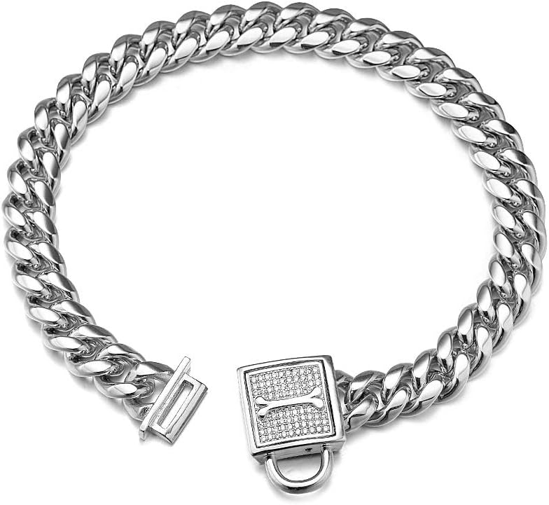 Dog Chain Collar, 12MM Heavy Duty Cuban Chain Collar, 316L Stainless Steel Silver/Gold Dog Training Collar with Bling Zirconia Lock Luxury Dog Necklace for Small Medium Large Dogs(10'', Gold)