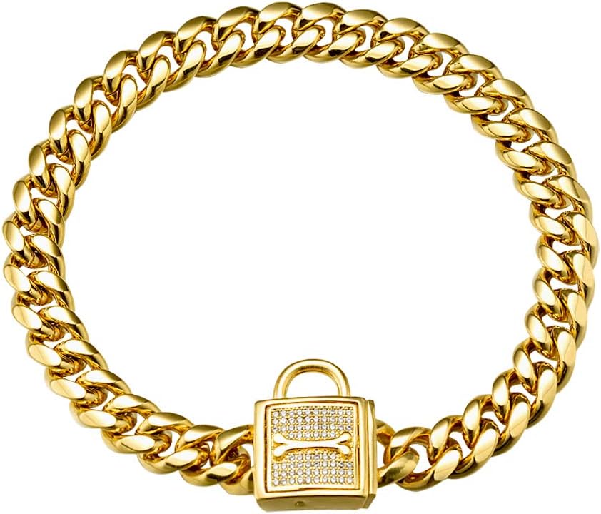 Dog Chain Collar, 12MM Heavy Duty Cuban Chain Collar, 316L Stainless Steel Silver/Gold Dog Training Collar with Bling Zirconia Lock Luxury Dog Necklace for Small Medium Large Dogs(10'', Gold)