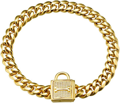 Dog Chain Collar, 12MM Heavy Duty Cuban Chain Collar, 316L Stainless Steel Silver/Gold Dog Training Collar with Bling Zirconia Lock Luxury Dog Necklace for Small Medium Large Dogs(10'', Gold)