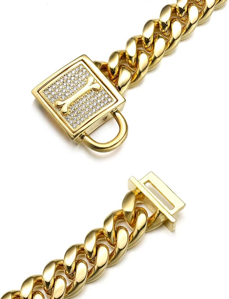 Dog Chain Collar, 12MM Heavy Duty Cuban Chain Collar, 316L Stainless Steel Silver/Gold Dog Training Collar with Bling Zirconia Lock Luxury Dog Necklace for Small Medium Large Dogs(10'', Gold)