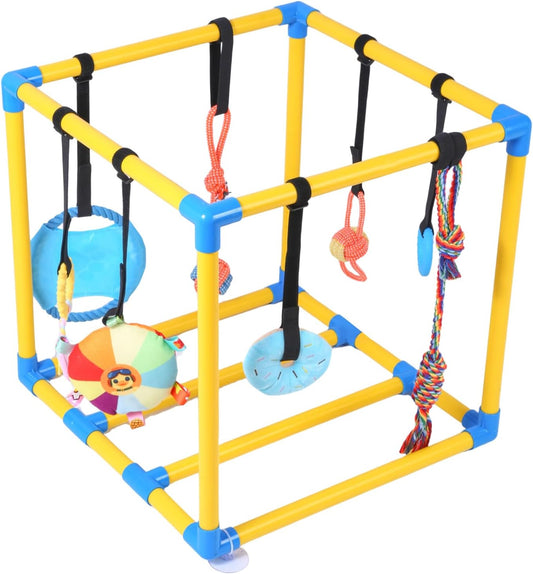 Puppy Play Gym with 8 Hanging Toys for Small Dogs Cats, 19.5 Inch Indoor Puppies Jungle Playground with Suction Cups, Interactive Funny Enrichment Activity Center to Keep Them Busy, PVC Frame