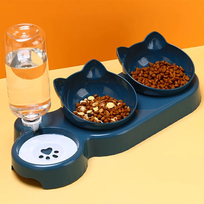 Pet Bowls with Water Feeder, 3 in 1 Ear Design Tilted Cat Water and Food Bowl