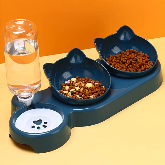 Pet Bowls with Water Feeder, 3 in 1 Ear Design Tilted Cat Water and Food Bowl