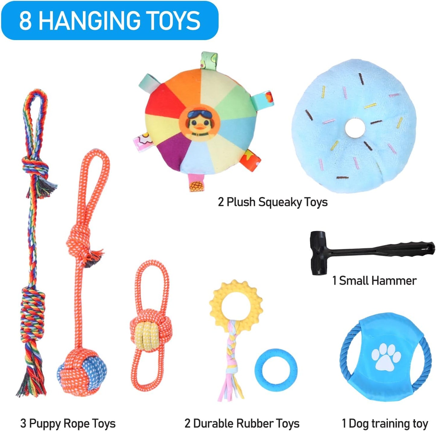 Puppy Play Gym with 8 Hanging Toys for Small Dogs Cats, 19.5 Inch Indoor Puppies Jungle Playground with Suction Cups, Interactive Funny Enrichment Activity Center to Keep Them Busy, PVC Frame