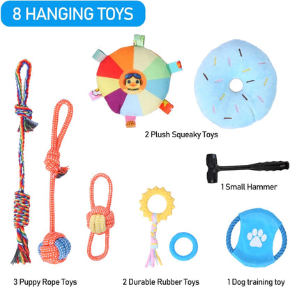 Puppy Play Gym with 8 Hanging Toys for Small Dogs Cats, 19.5 Inch Indoor Puppies Jungle Playground with Suction Cups, Interactive Funny Enrichment Activity Center to Keep Them Busy, PVC Frame