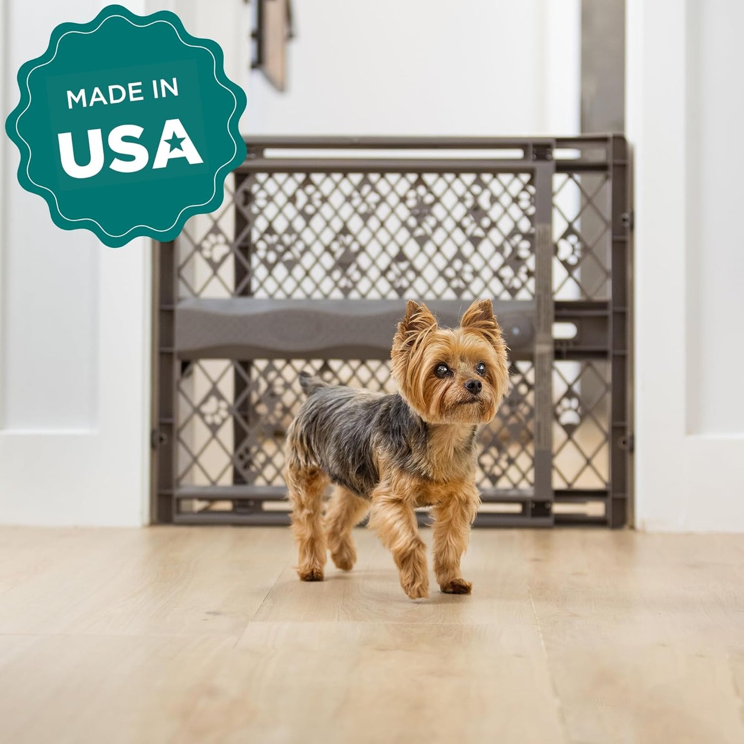 Paws Portable Pet Gate: 26-40" Wide. Pressure Mount. No Tools Needed. Made in USA, 23" Tall, Expandable, Durable Dog Gates for Doorways, Fieldstone Gray