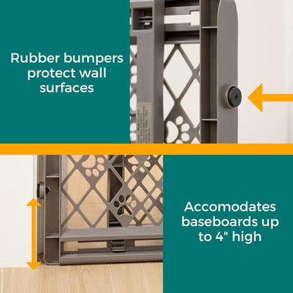 Paws Portable Pet Gate: 26-40" Wide. Pressure Mount. No Tools Needed. Made in USA, 23" Tall, Expandable, Durable Dog Gates for Doorways, Fieldstone Gray