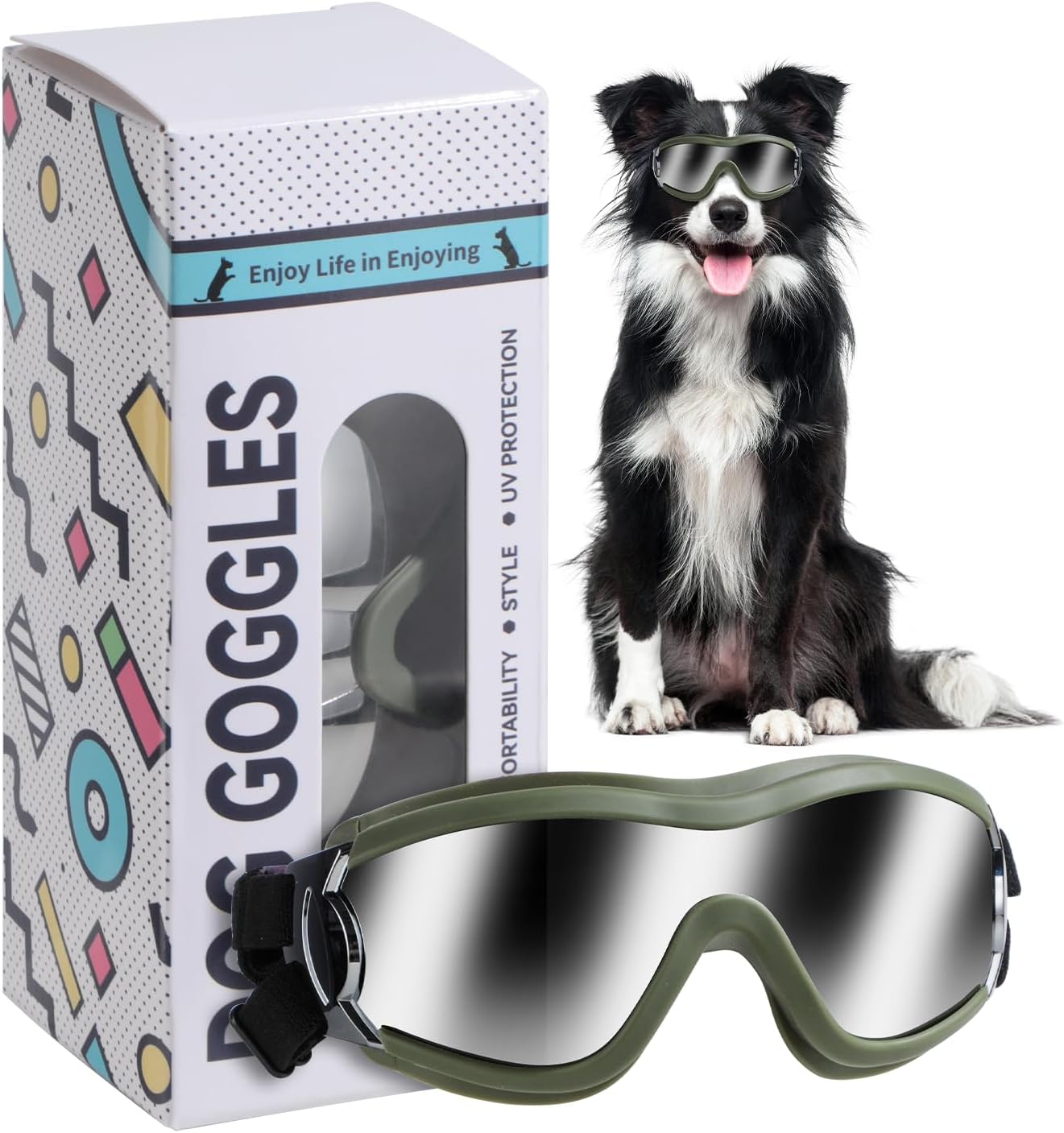 Dog Sunglasses Dog Goggles, UV Wind Dust Fog Protection Pet Glasses Eye Wear with Adjustable Strap for Medium or Large Size (Laser)