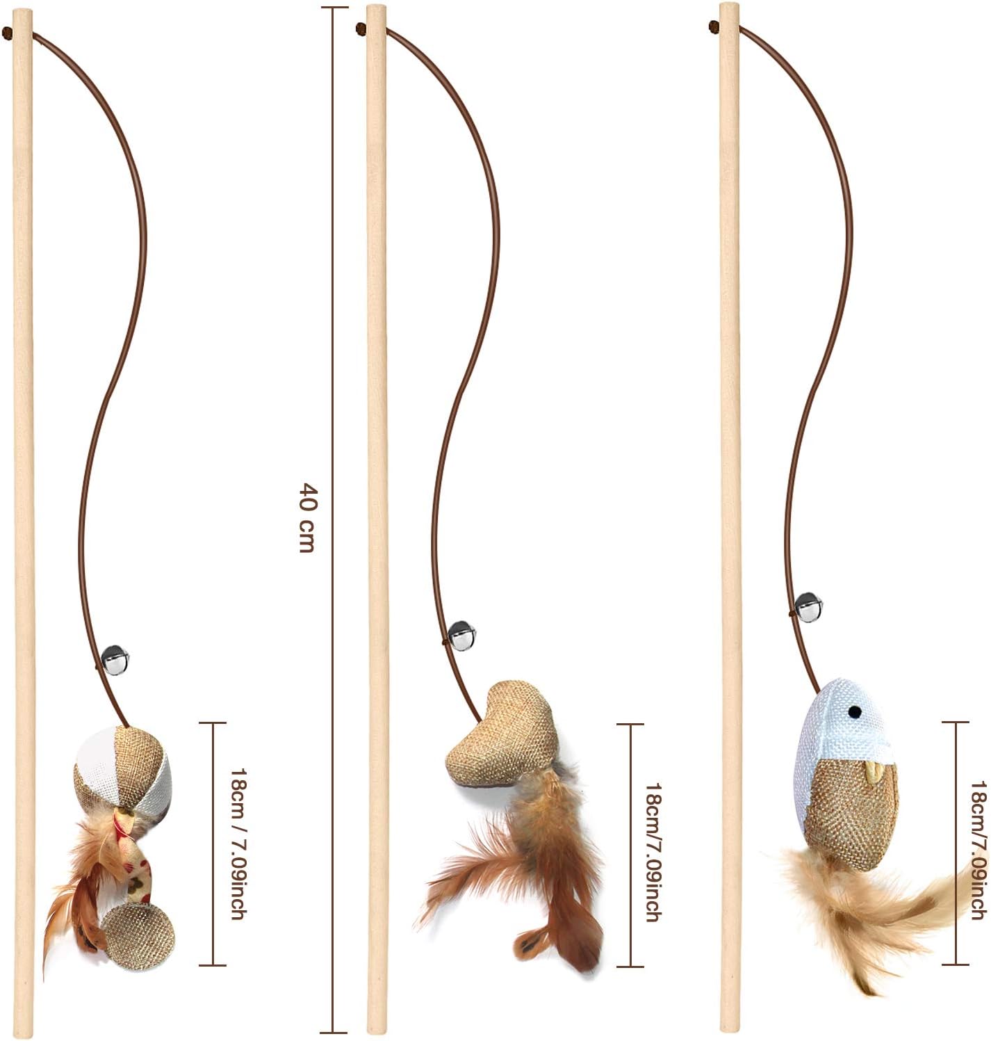 Natural Wood Cat Teaser Wand Toy, 3Pcs 16 Inch, Catnip Sticks for Teeth Cleaning, Indoor Cat Exerciser