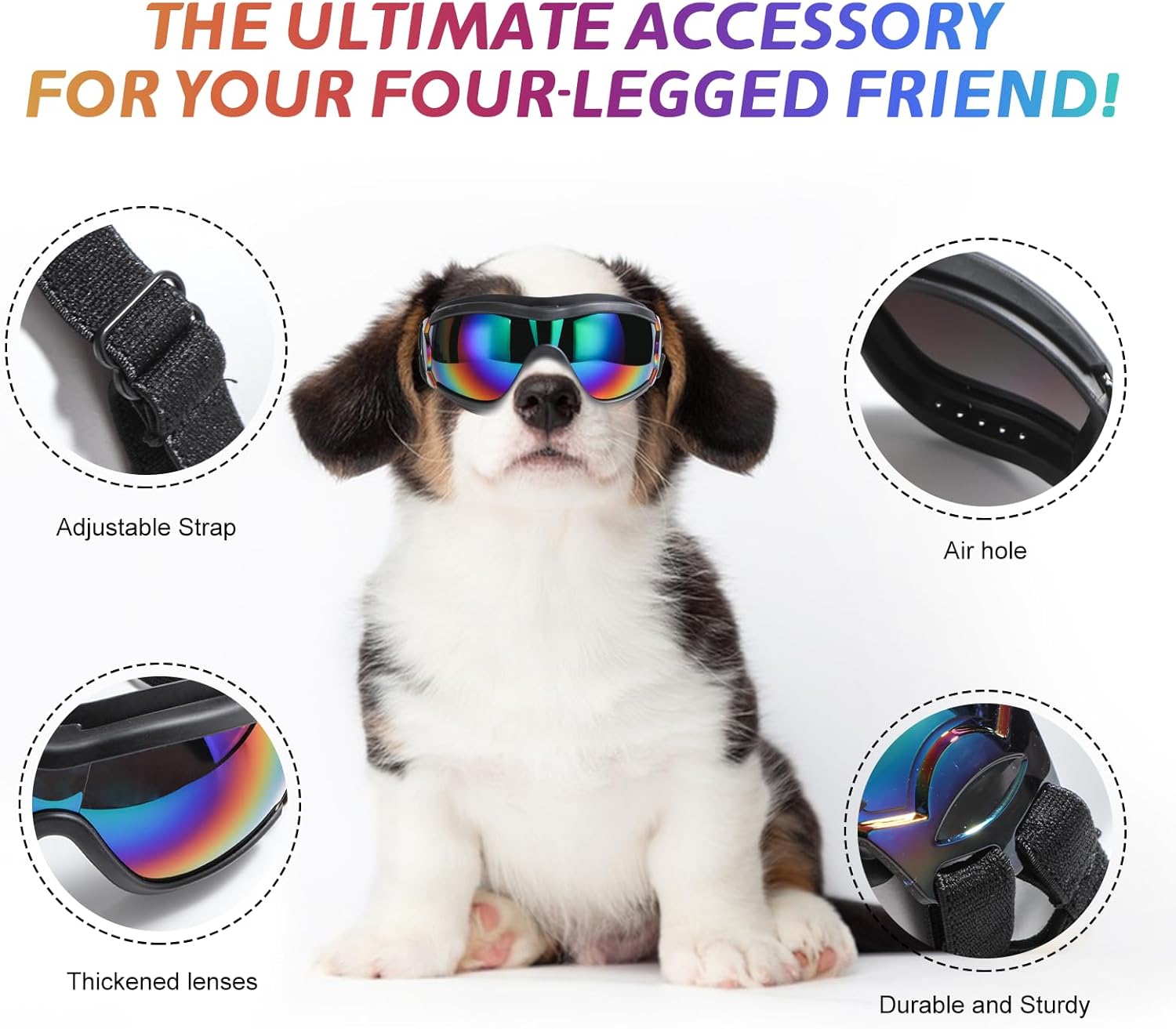 Dog Sunglasses Dog Goggles, UV Wind Dust Fog Protection Pet Glasses Eye Wear with Adjustable Strap for Medium or Large Size (Laser)