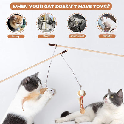 Natural Wood Cat Teaser Wand Toy, 3Pcs 16 Inch, Catnip Sticks for Teeth Cleaning, Indoor Cat Exerciser