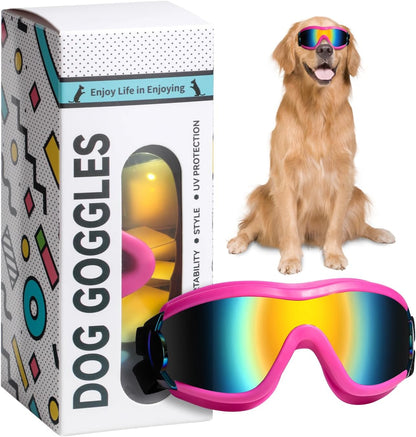 Dog Sunglasses Dog Goggles, UV Wind Dust Fog Protection Pet Glasses Eye Wear with Adjustable Strap for Medium or Large Size (Laser)