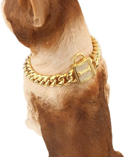 Dog Chain Collar, 12MM Heavy Duty Cuban Chain Collar, 316L Stainless Steel Silver/Gold Dog Training Collar with Bling Zirconia Lock Luxury Dog Necklace for Small Medium Large Dogs(10'', Gold)