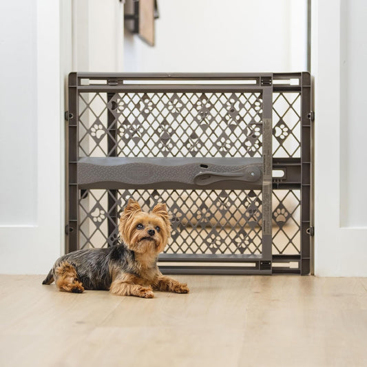 Paws Portable Pet Gate: 26-40" Wide. Pressure Mount. No Tools Needed. Made in USA, 23" Tall, Expandable, Durable Dog Gates for Doorways, Fieldstone Gray