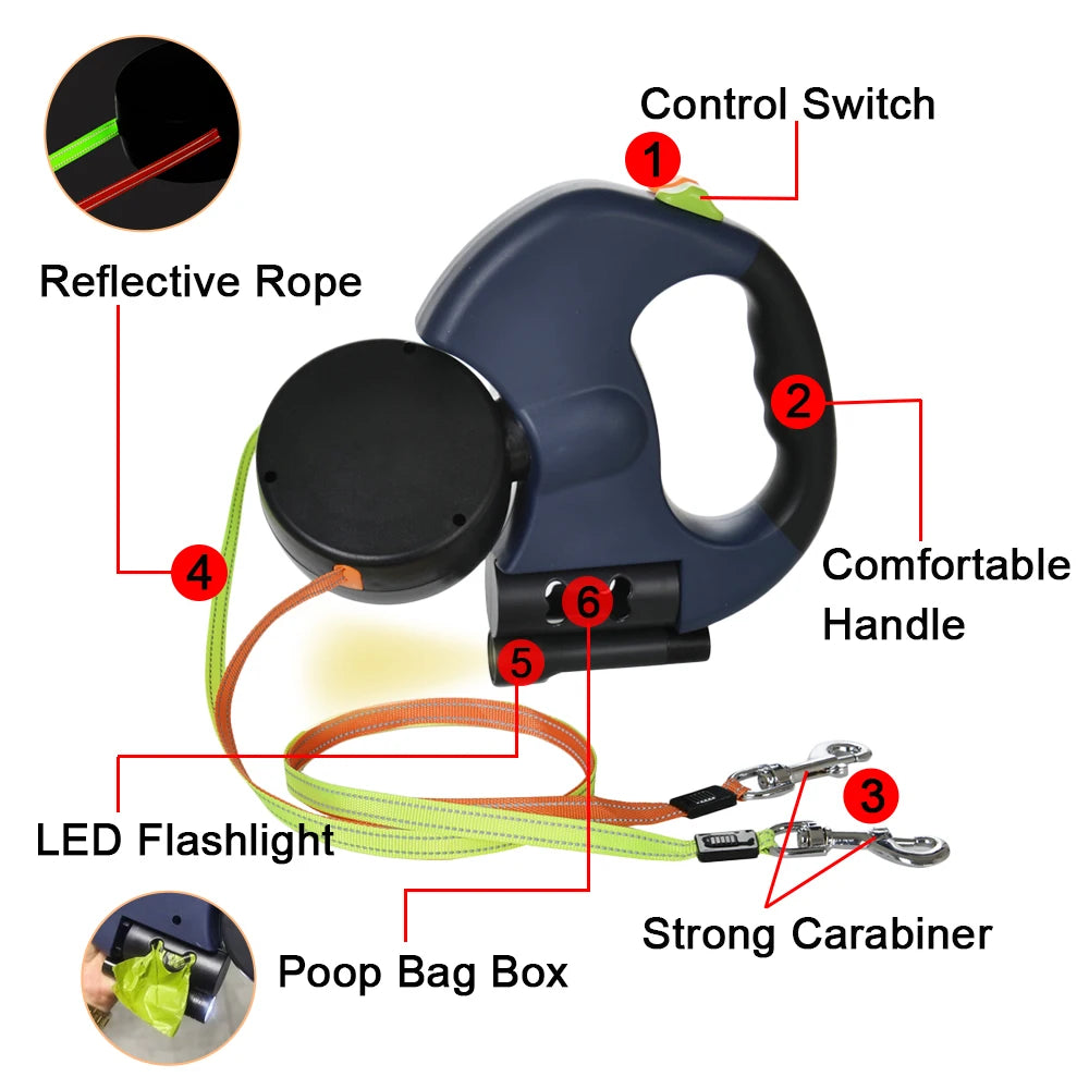 3M Retractable Dog Leash for Small Dogs Reflective Dual Pet Leash