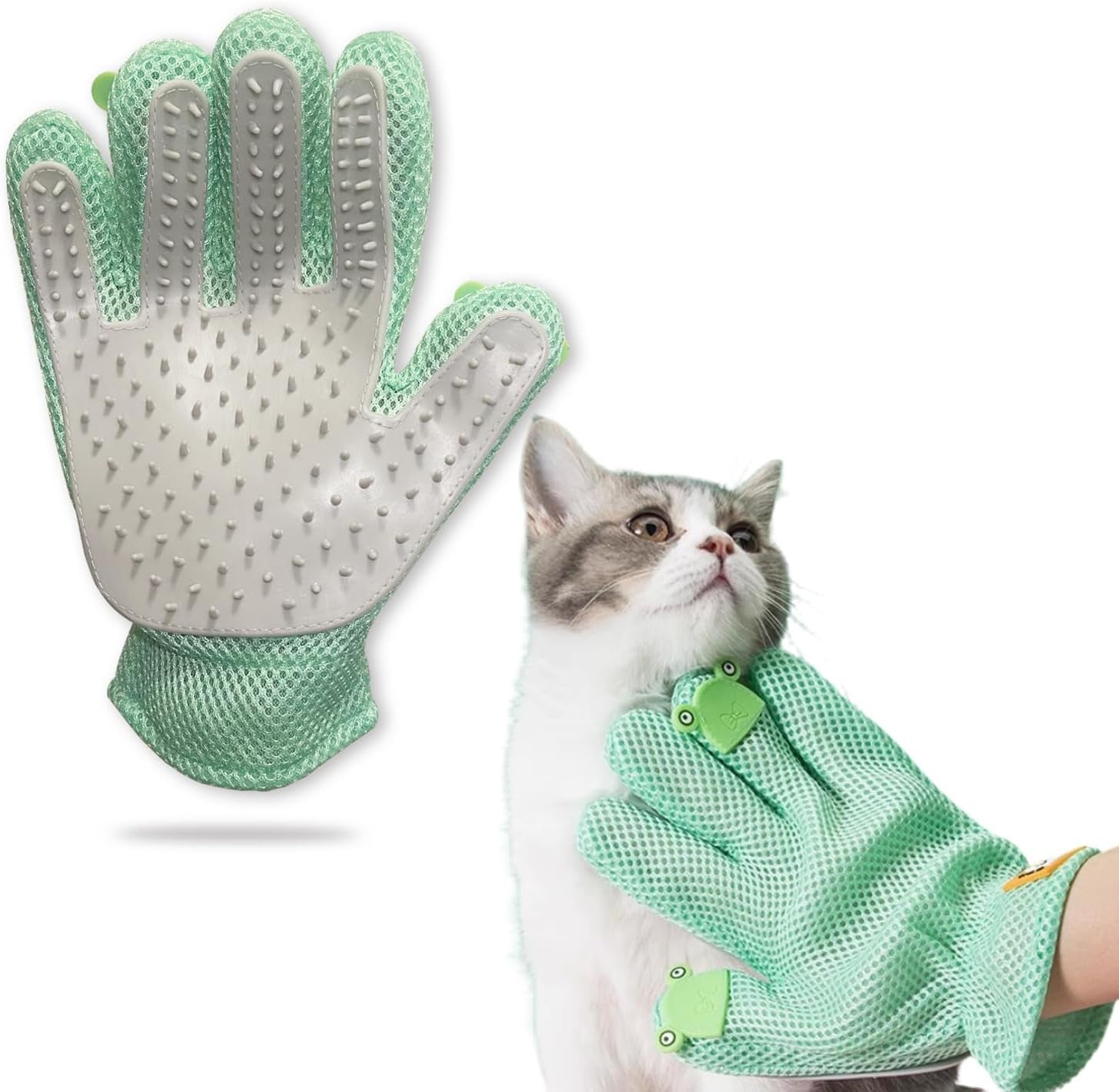 Pet Grooming Glove - Cat Dog Gentle Deshedding Brush Glove - Efficient Pet Hair Remover Massage Mitt - Enhanced Five Finger Design Perfect for Long Short Fur, Right Hand Pet Bathing (Green)