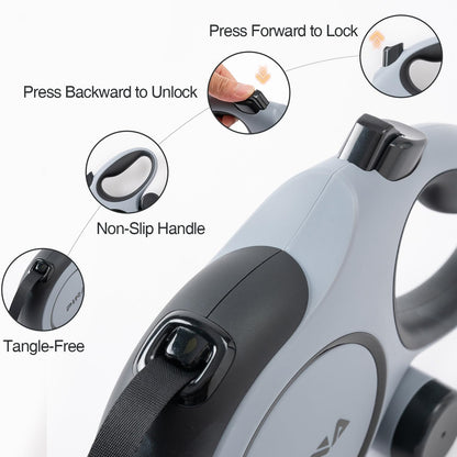 Upgraded Retractable Dog Leash, 26 Ft Dog Leash for Small Medium Large Dogs up to 110Lbs, Heavy Duty Reflective Nylon Tape 360° Tangle-Free, with Anti-Slip Handle, One-Handed Brake, Pause, Lock