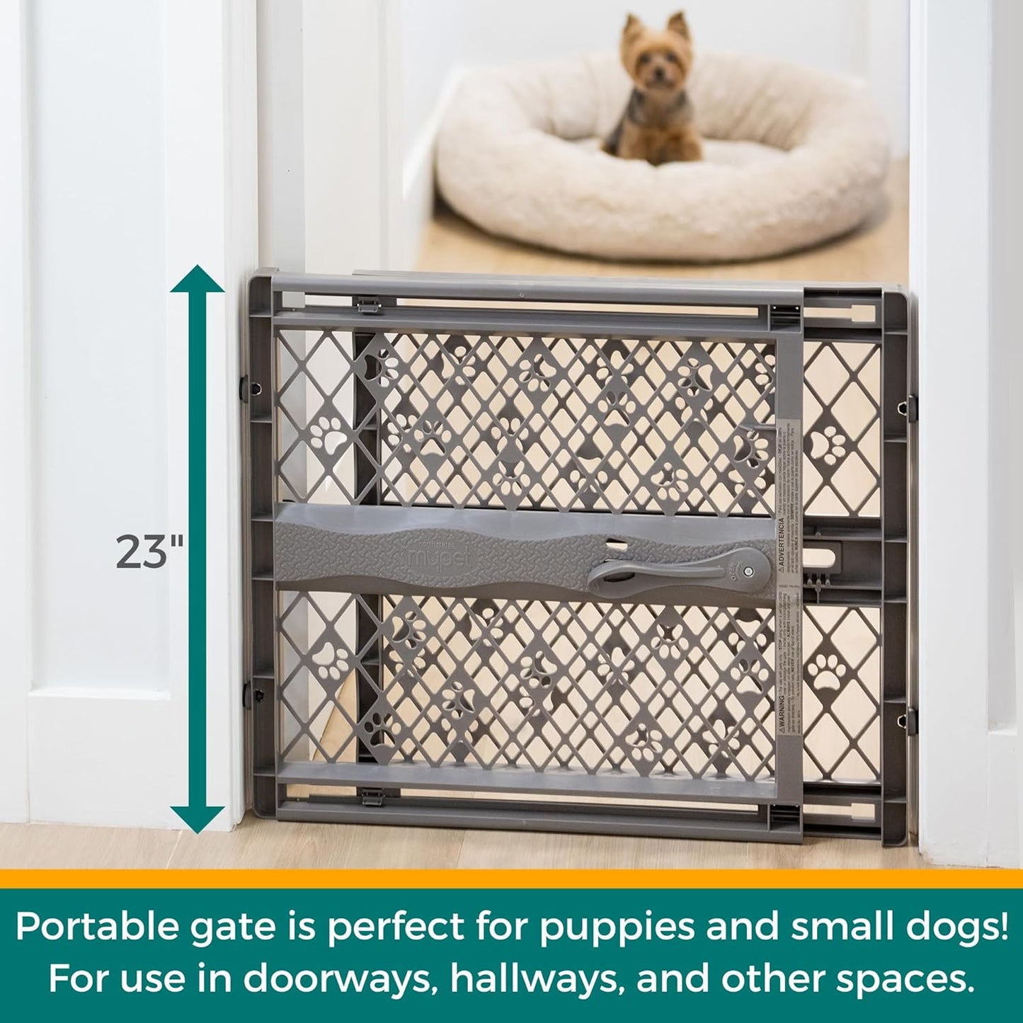 Paws Portable Pet Gate: 26-40" Wide. Pressure Mount. No Tools Needed. Made in USA, 23" Tall, Expandable, Durable Dog Gates for Doorways, Fieldstone Gray