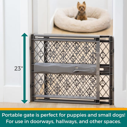 Paws Portable Pet Gate: 26-40" Wide. Pressure Mount. No Tools Needed. Made in USA, 23" Tall, Expandable, Durable Dog Gates for Doorways, Fieldstone Gray