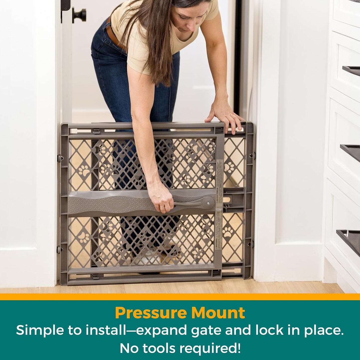 Paws Portable Pet Gate: 26-40" Wide. Pressure Mount. No Tools Needed. Made in USA, 23" Tall, Expandable, Durable Dog Gates for Doorways, Fieldstone Gray
