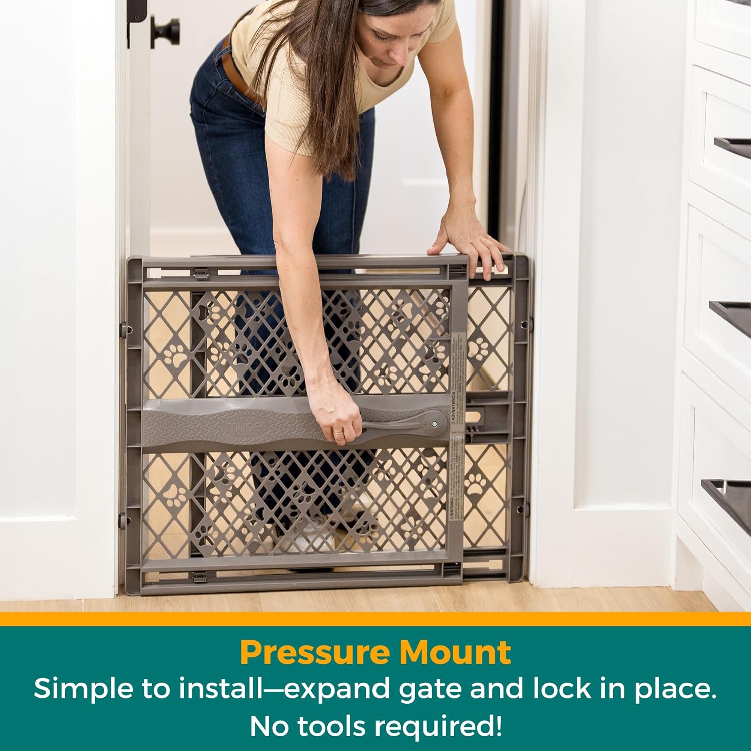 Paws Portable Pet Gate: 26-40" Wide. Pressure Mount. No Tools Needed. Made in USA, 23" Tall, Expandable, Durable Dog Gates for Doorways, Fieldstone Gray
