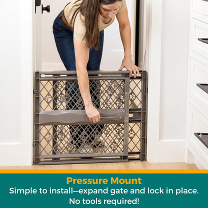 Paws Portable Pet Gate: 26-40" Wide. Pressure Mount. No Tools Needed. Made in USA, 23" Tall, Expandable, Durable Dog Gates for Doorways, Fieldstone Gray