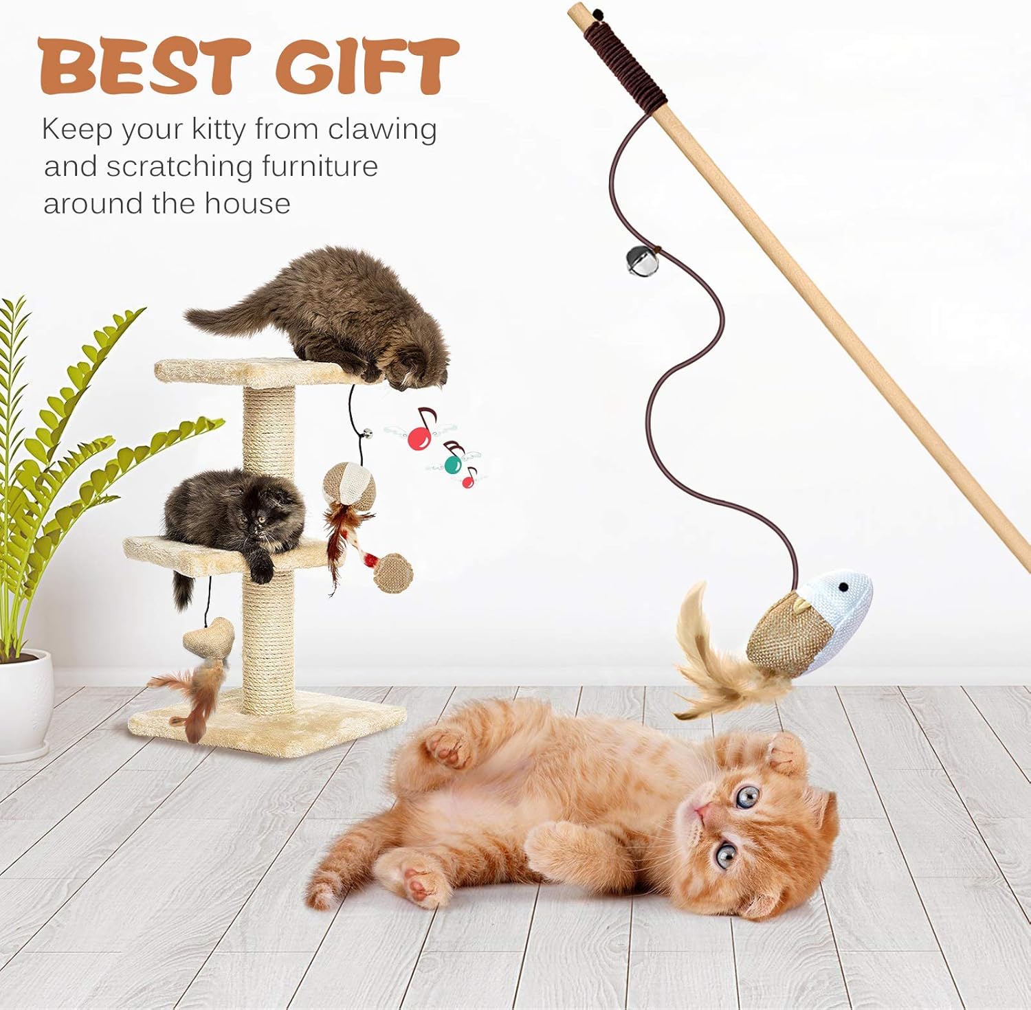 Natural Wood Cat Teaser Wand Toy, 3Pcs 16 Inch, Catnip Sticks for Teeth Cleaning, Indoor Cat Exerciser