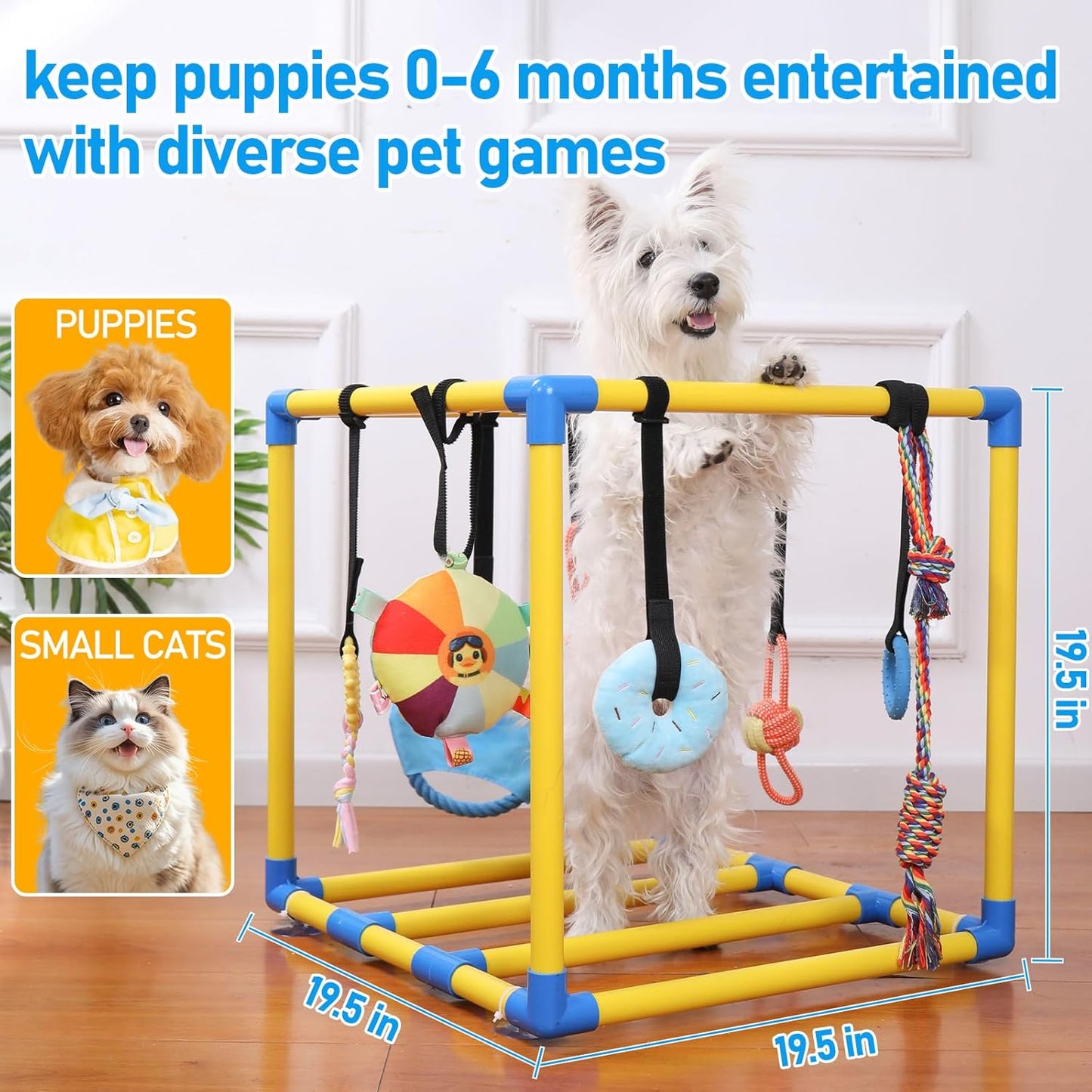Puppy Play Gym with 8 Hanging Toys for Small Dogs Cats, 19.5 Inch Indoor Puppies Jungle Playground with Suction Cups, Interactive Funny Enrichment Activity Center to Keep Them Busy, PVC Frame