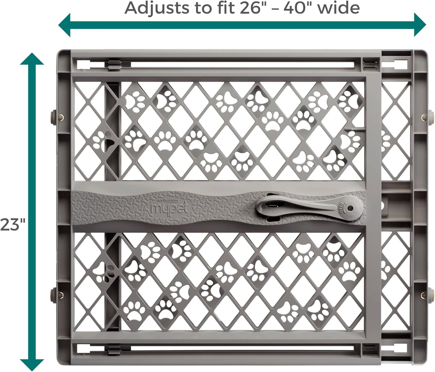 Paws Portable Pet Gate: 26-40" Wide. Pressure Mount. No Tools Needed. Made in USA, 23" Tall, Expandable, Durable Dog Gates for Doorways, Fieldstone Gray