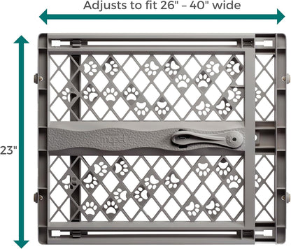Paws Portable Pet Gate: 26-40" Wide. Pressure Mount. No Tools Needed. Made in USA, 23" Tall, Expandable, Durable Dog Gates for Doorways, Fieldstone Gray