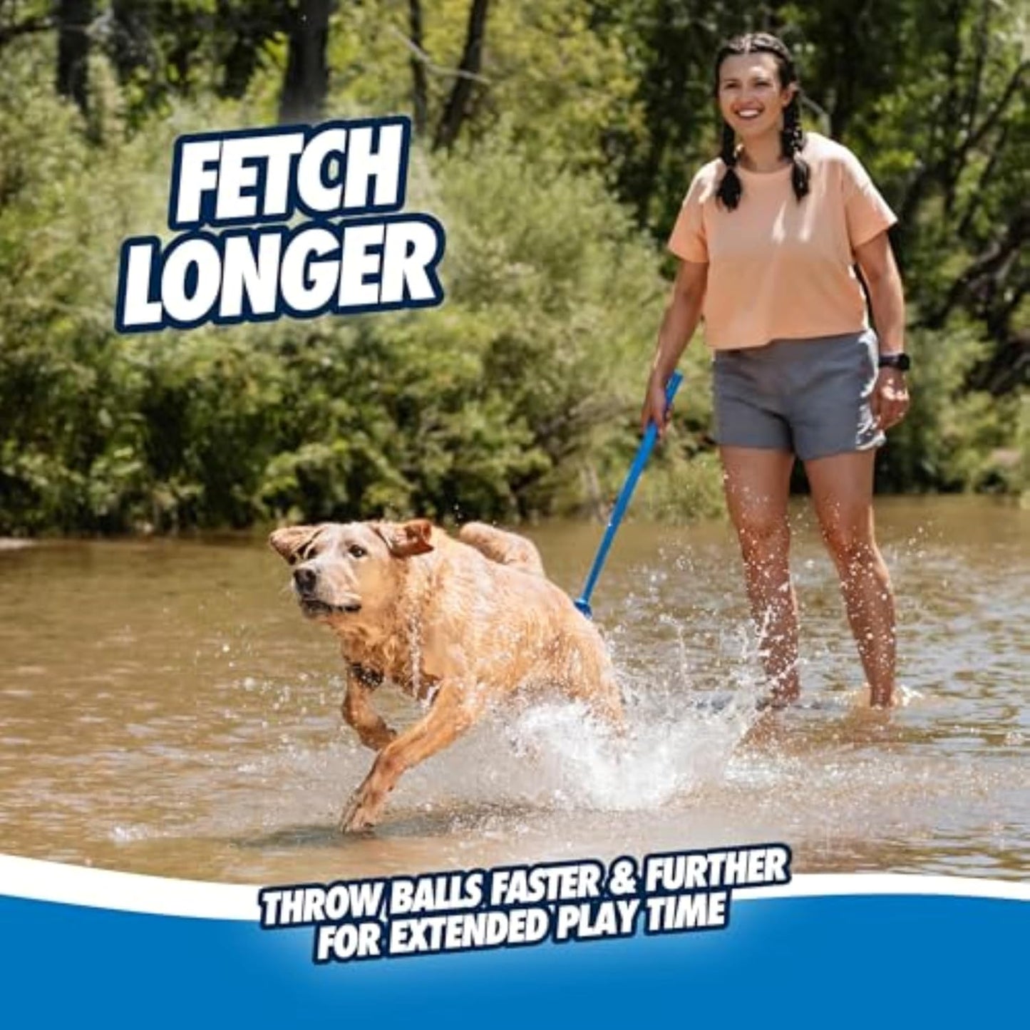 Dog Ball Launcher 12M Sport with 12" Handle Length for Medium (2.5" Dog Balls), Plastic Pet Fetch Ball Thrower, for Dogs 20-60 Pounds, Made in USA, Blue