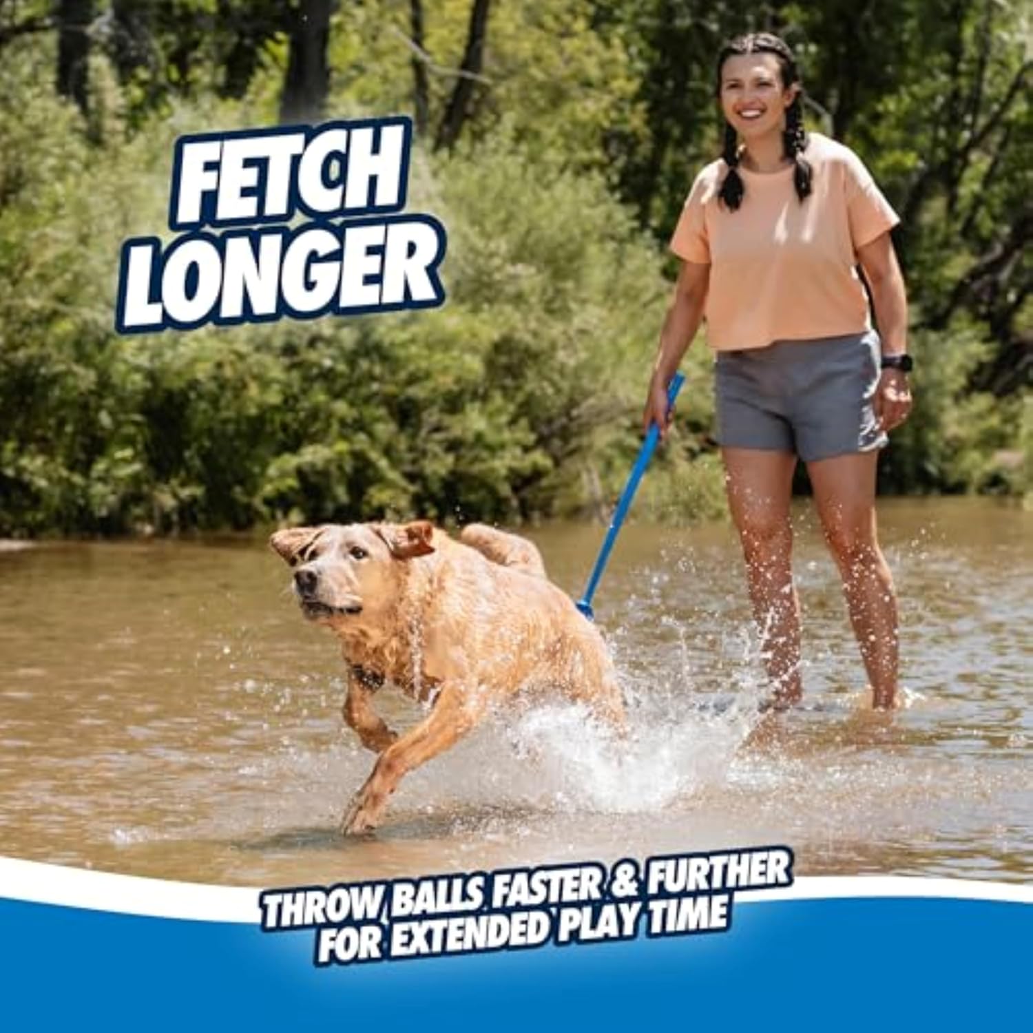 Dog Ball Launcher 12M Sport with 12" Handle Length for Medium (2.5" Dog Balls), Plastic Pet Fetch Ball Thrower, for Dogs 20-60 Pounds, Made in USA, Blue