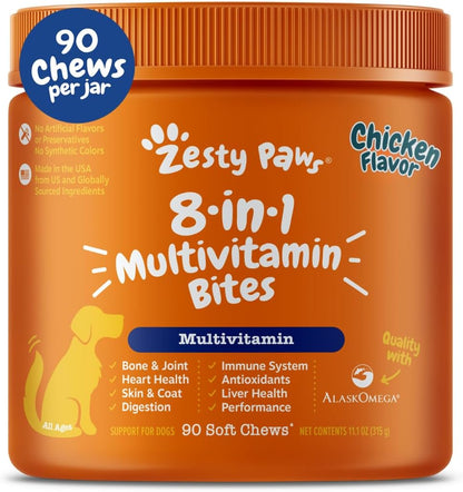 Dog Multivitamin, Chewable Dog Vitamins and Supplements for Hip & Joints, Skin & Coat, Omega 3 Fish Oil for Dogs- Senior & Puppy Multivitamin - Chicken Mini Bites- 90Ct