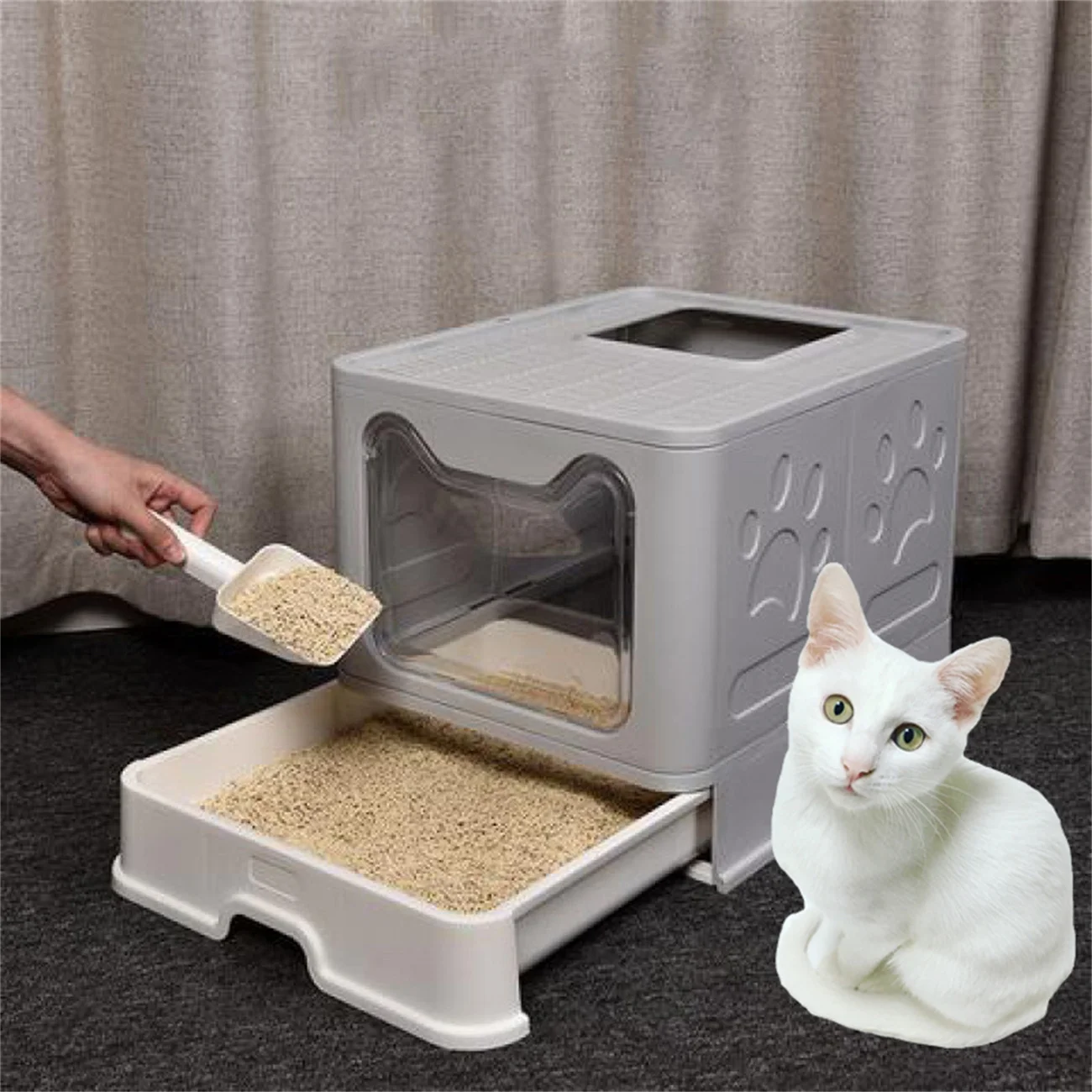 Space Foldable Cat Litter Box with Front Entry & Top Exit with Tray