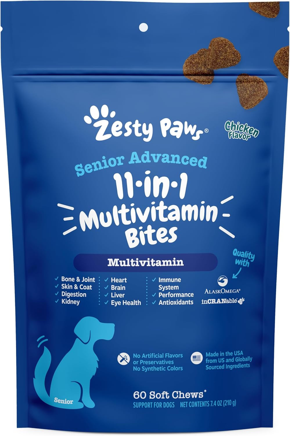 Dog Multivitamin, Chewable Dog Vitamins and Supplements for Hip & Joints, Skin & Coat, Omega 3 Fish Oil for Dogs- Senior & Puppy Multivitamin - Chicken Mini Bites- 90Ct