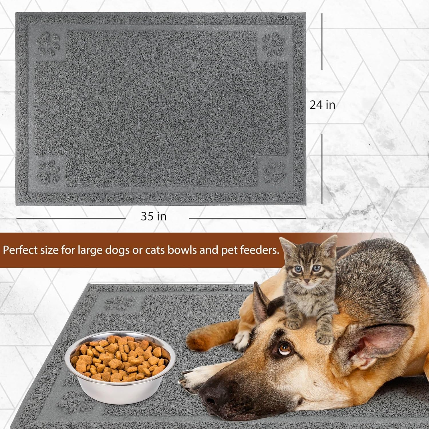 Dog Food Mat Waterproof, 35”X 24”, Pet Mat for Food and Water Bowl, Cat Bowl Mat for Floor, Grey