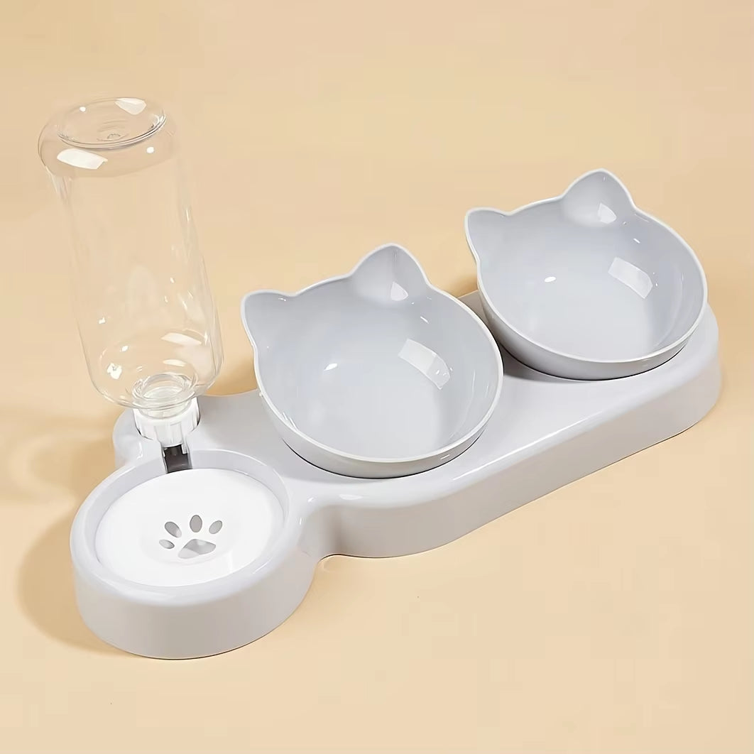 Pet Bowls with Water Feeder, 3 in 1 Ear Design Tilted Cat Water and Food Bowl