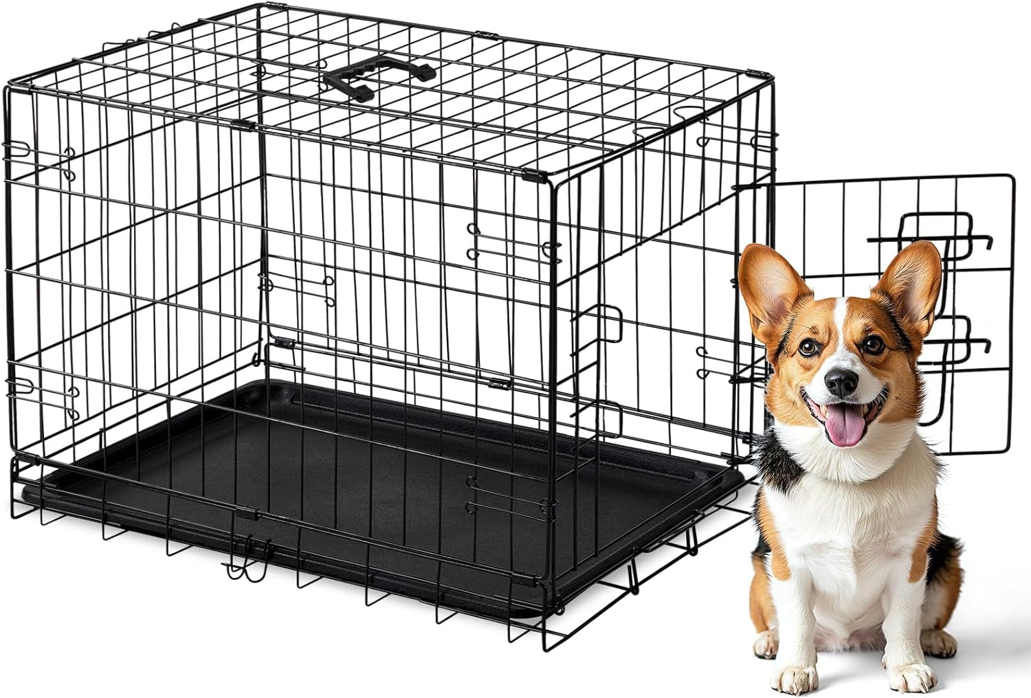 Dog Crate, 30 Inch Medium Single Door Dog Cage with Plastic Leak-Proof Pan Tray, Folding Metal Wire Pet Kennel for Indoor, Outdoor, Travel